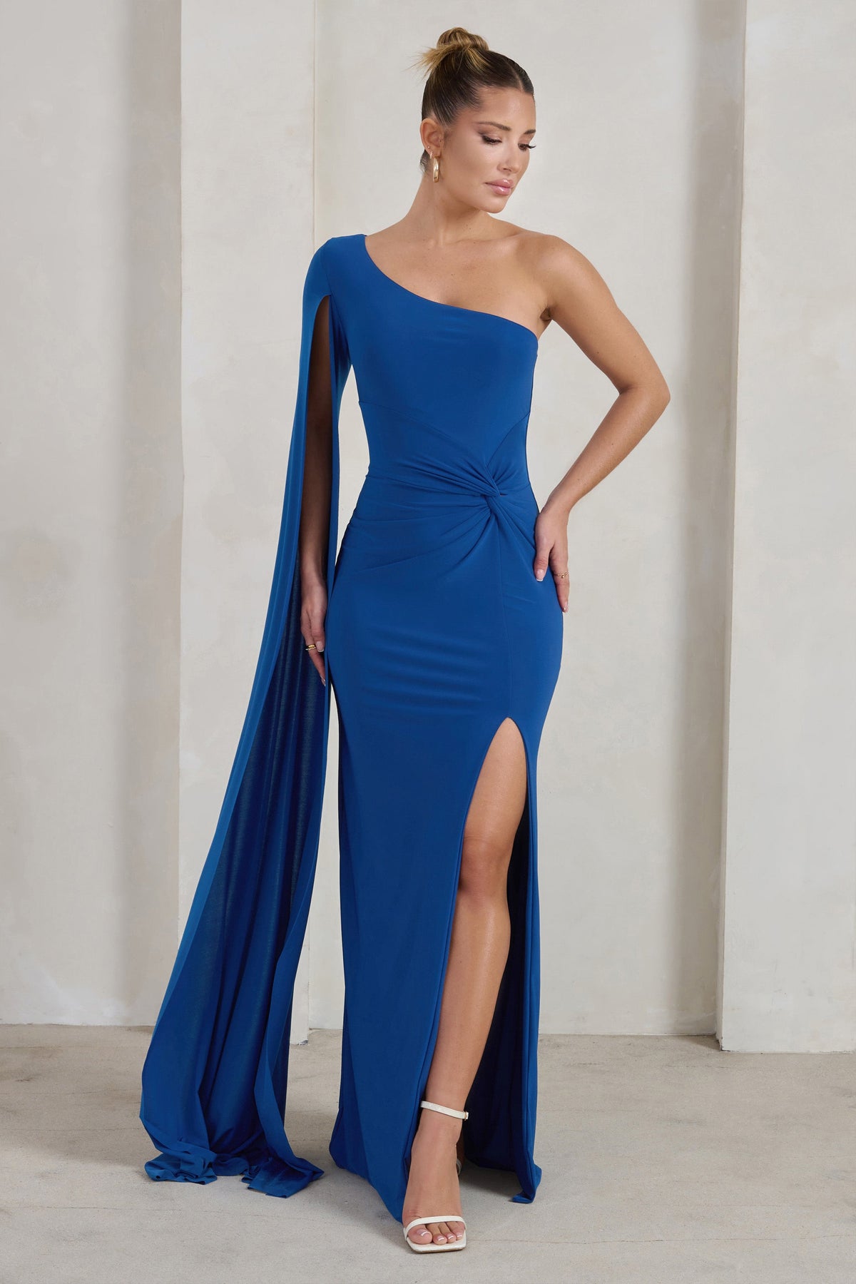 One Shoulder Blue Net Drape Gown | Drape gown, Indian gown design, Gowns
